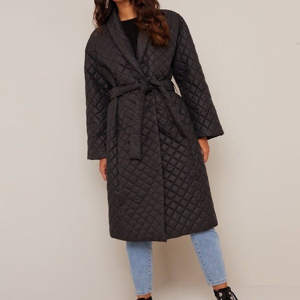 Women Wrap Long Padded Coat Oversize Large L Black Tie Adjustable Pockets